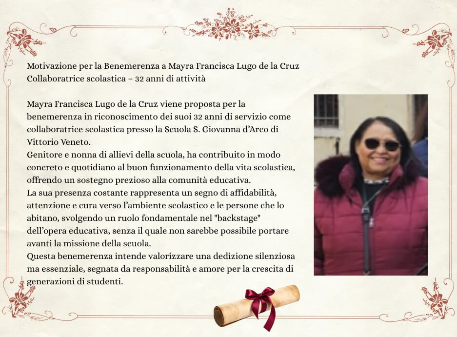 Benemerenza Mayra Francisca Lugo de la Cruz, collaboratrice scolastica