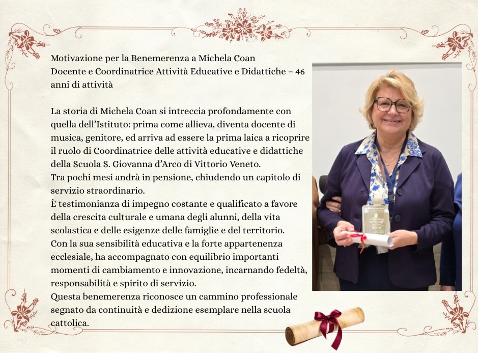 Benemerenza Michela Coan, docente e coordinatrice attività educative e didattiche